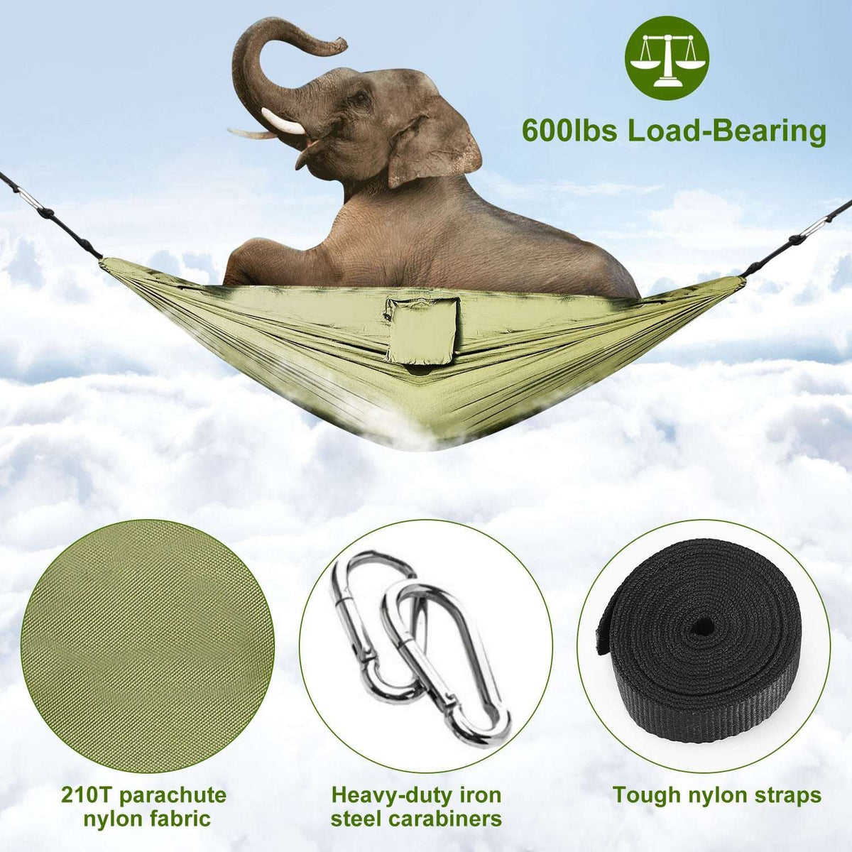 Olive green hammock with mosquito net, heavy-duty carabiners, and nylon suspension straps