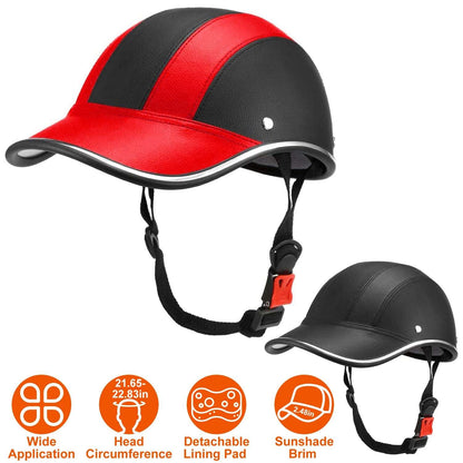 Red-and-black and black baseball-style bike helmets with chin straps