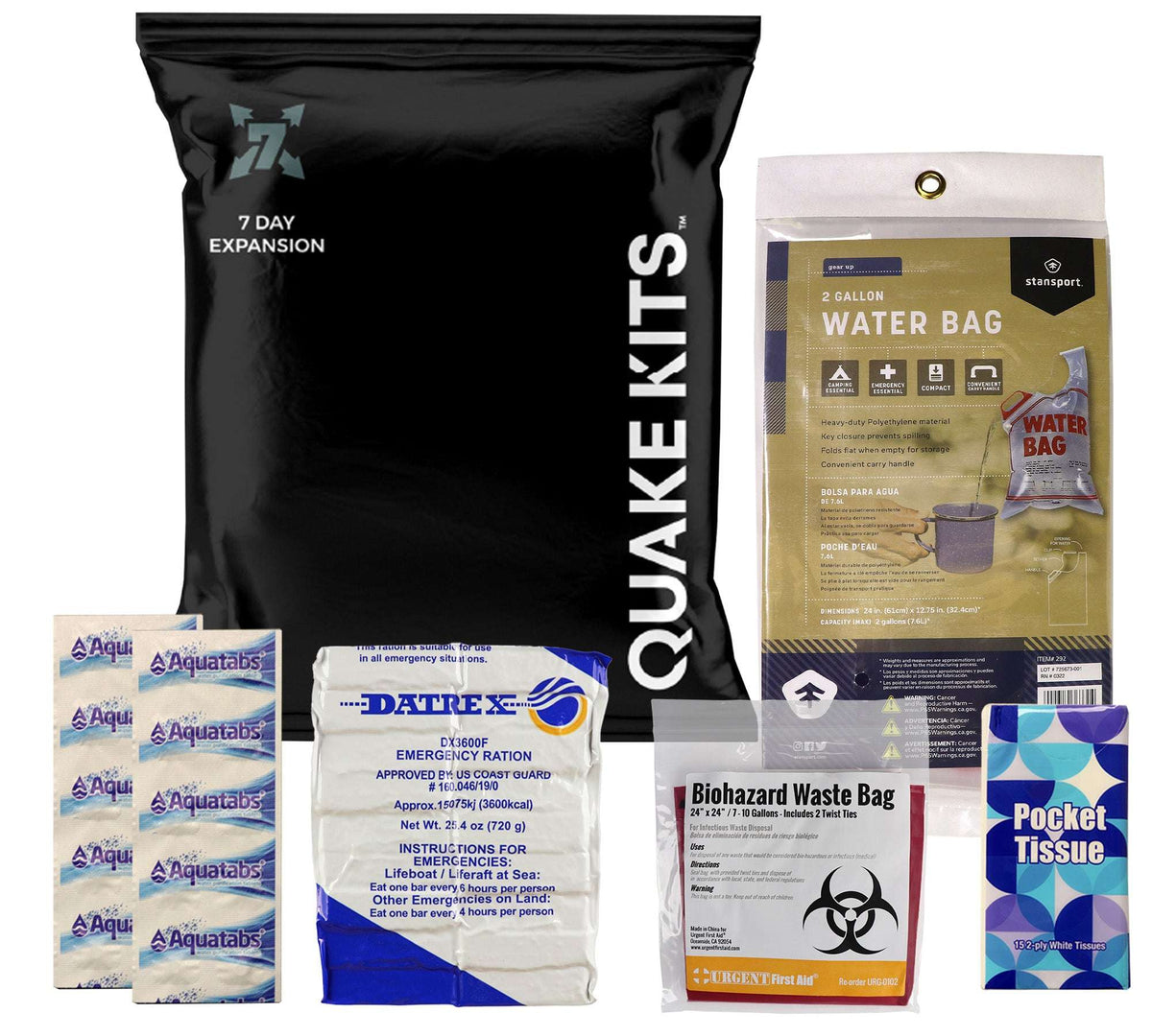 7-day survival kit expansion pouch with water bag and waste bag, plus ration and tissue