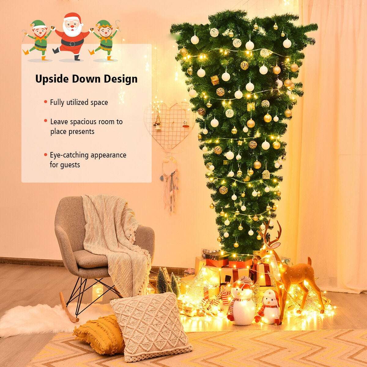 Inverted artificial Christmas tree decorated with ornaments and string lights