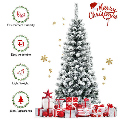 Snow-flocked pencil Christmas tree shown with red-and-white gifts