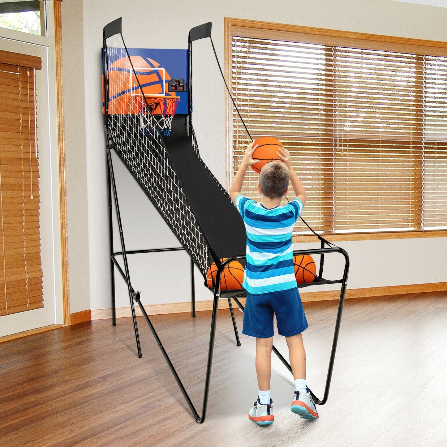 Foldable Basketball Arcade Game | Electronic Scorer | Steel Frame + MDF Backboard | 3 Balls Included