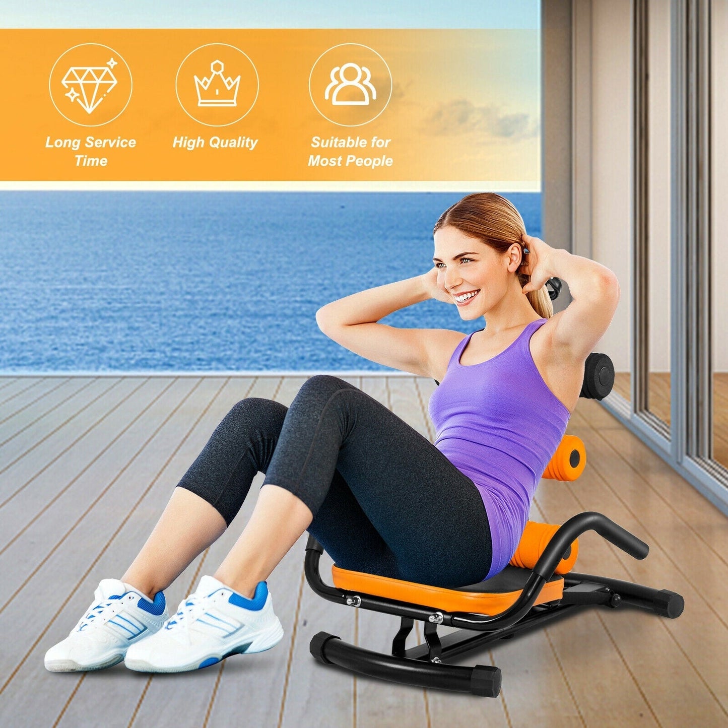 Abdominal Trainer Crunch Bench | 3-Level Adjust | Pivoting Rollers | Spring Resistance | Multi-Use