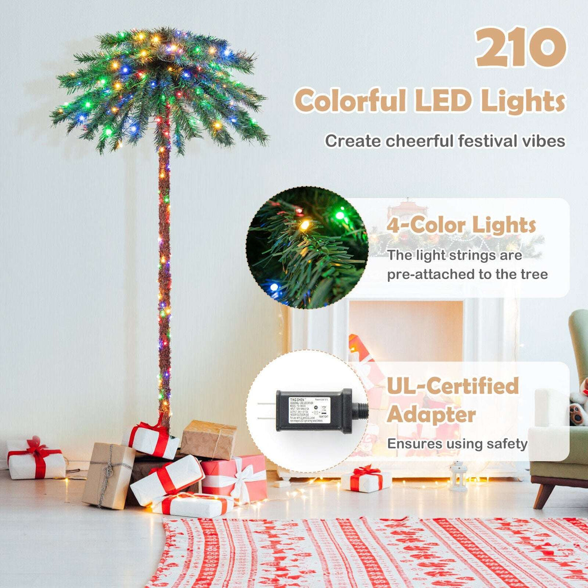 Palm Christmas tree with 210 multicolor LED lights on the fronds and trunk