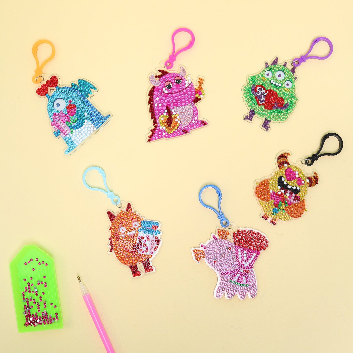 Monsters Diamond Art Keychain Kit | Set of 15 Charms for Kids & Teens - Niksstuff