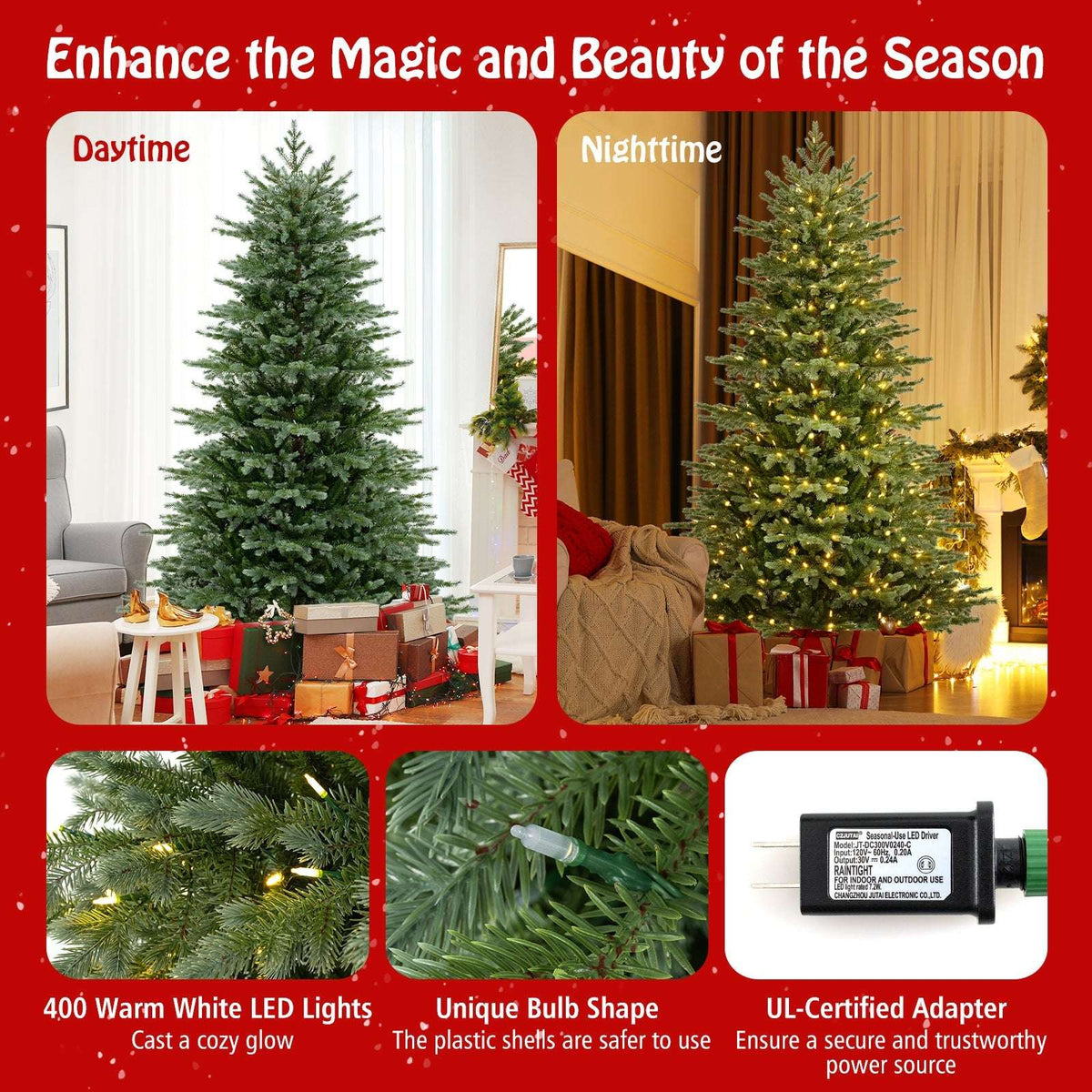 Artificial Christmas tree shown lit and unlit, with close-ups of bulbs and its adapter