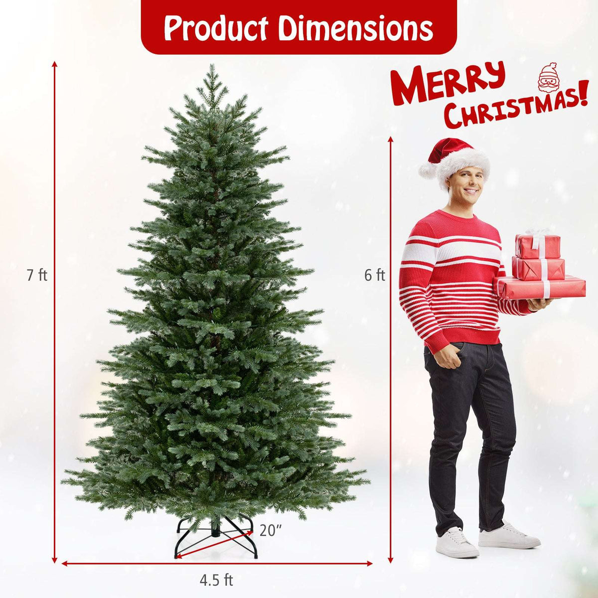 Artificial Christmas tree with metal stand, shown with height and width measurements
