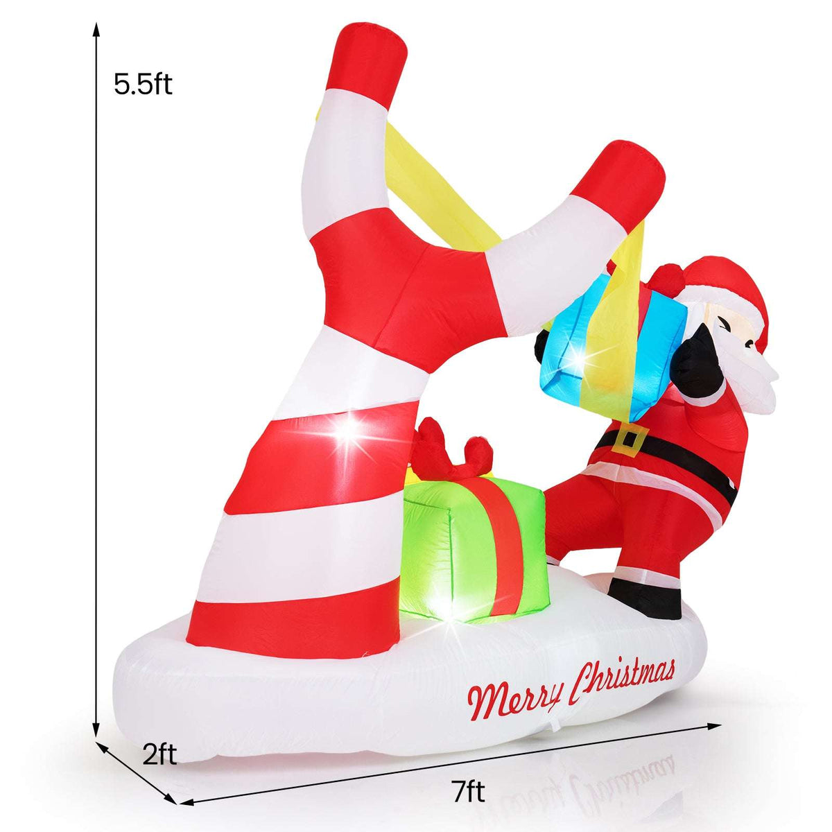 Side view of inflatable Santa slingshot decoration with 7-foot length dimensions