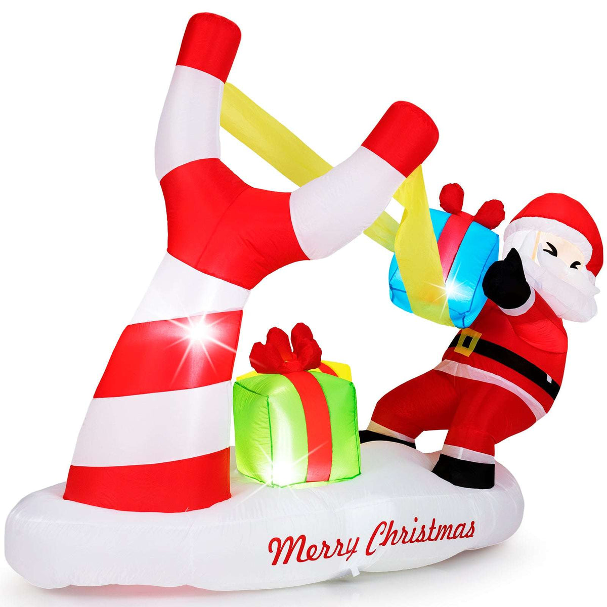 Inflatable Santa slingshot decoration with a green gift and red-and-white striped base