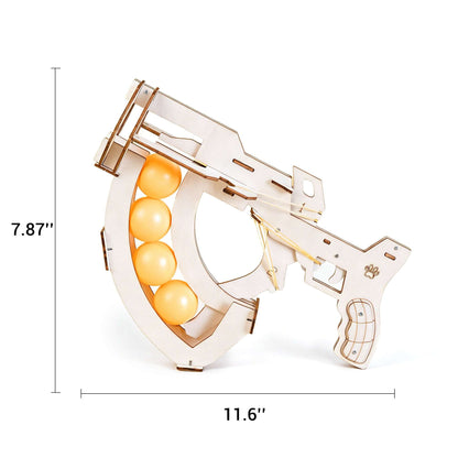 Wooden ball launcher kit with shown dimensions: 11.6 in and 7.87 in