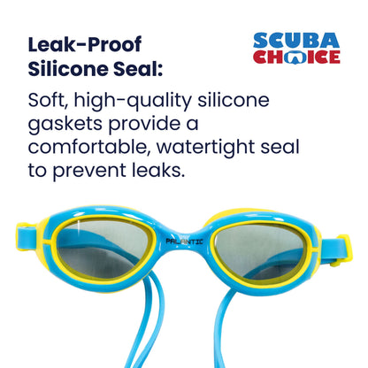 Palantic Jr. Silicone Swim Goggles | UV Tinted Anti-Fog Lenses | Kids & Narrow-Face Adults | Blue/Yellow - Niksstuff