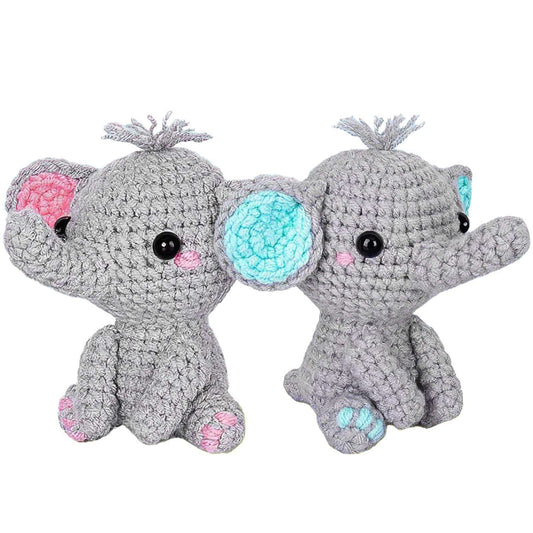 Gray crocheted elephant plush pair with turquoise and pink accents and yarn texture