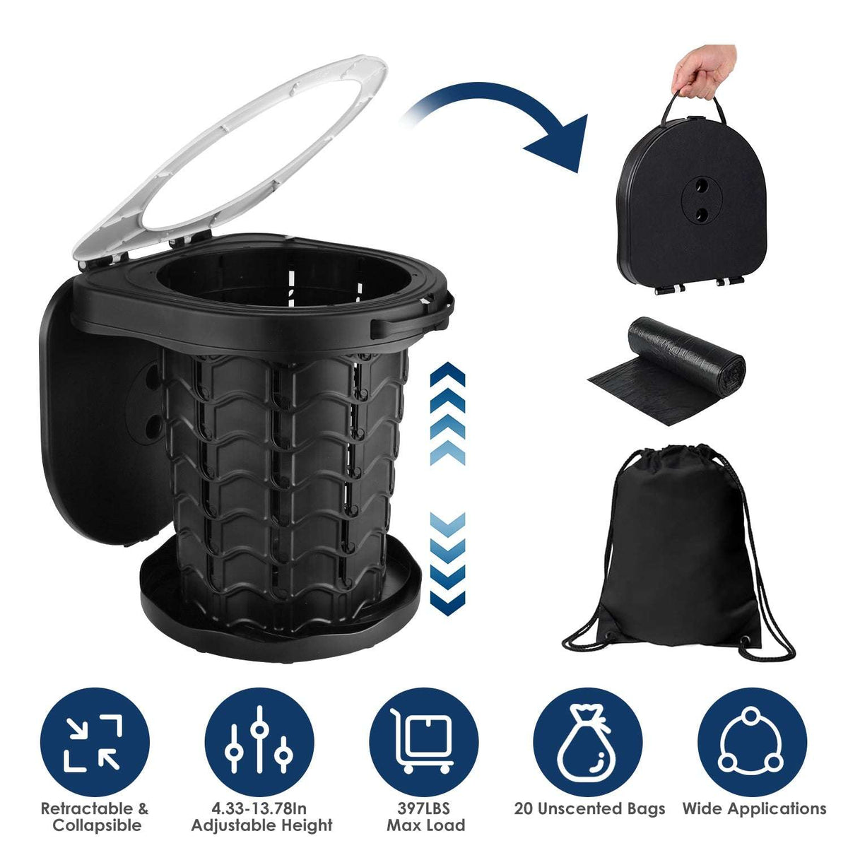 Portable toilet with adjustable ribbed body, open lid and included carrying accessories