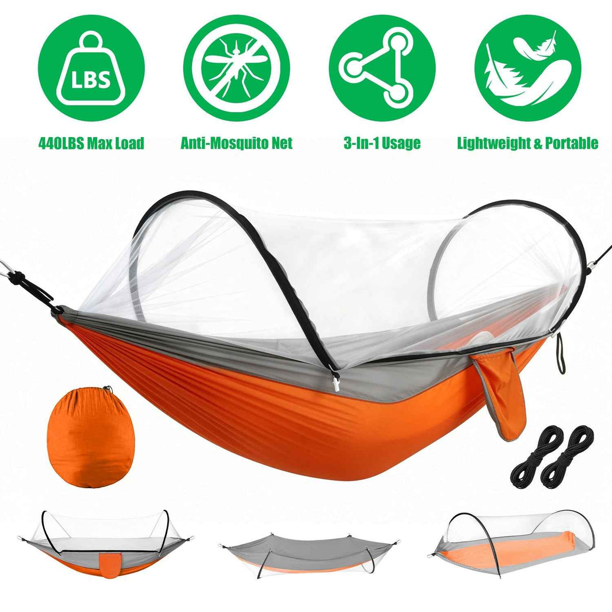 3-in-1 Camping Hammock with Mosquito Net – 440 lb Capacity, 70D Nylon | Pop-Up Net, Dual Zippers | 1.43 lbs | 3 Colors