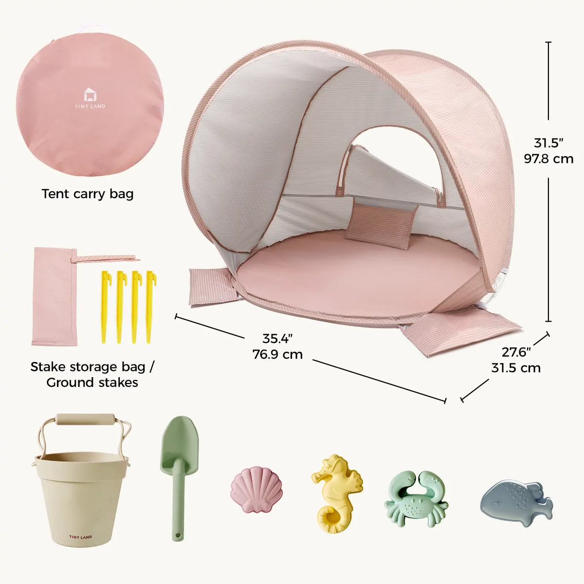Tiny Land Kids Beach Tent Set with Sand Toys, UV Protection and Sandbag Anchors