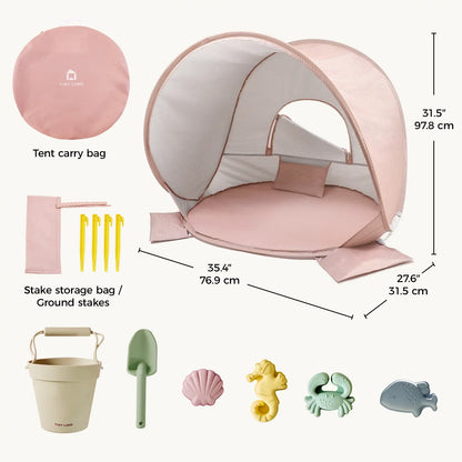 Tiny Land Kids Beach Tent Set with Sand Toys, UV Protection and Sandbag Anchors