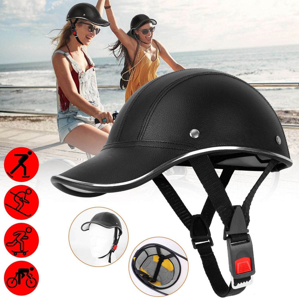 Black leather bicycle helmet with sunshade brim and chin strap for cycling.
