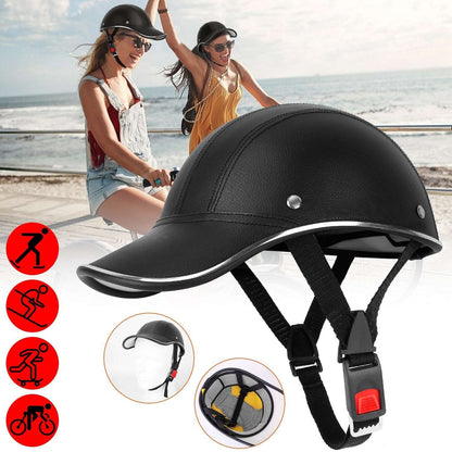 Black leather bicycle helmet with sunshade brim and chin strap for cycling.