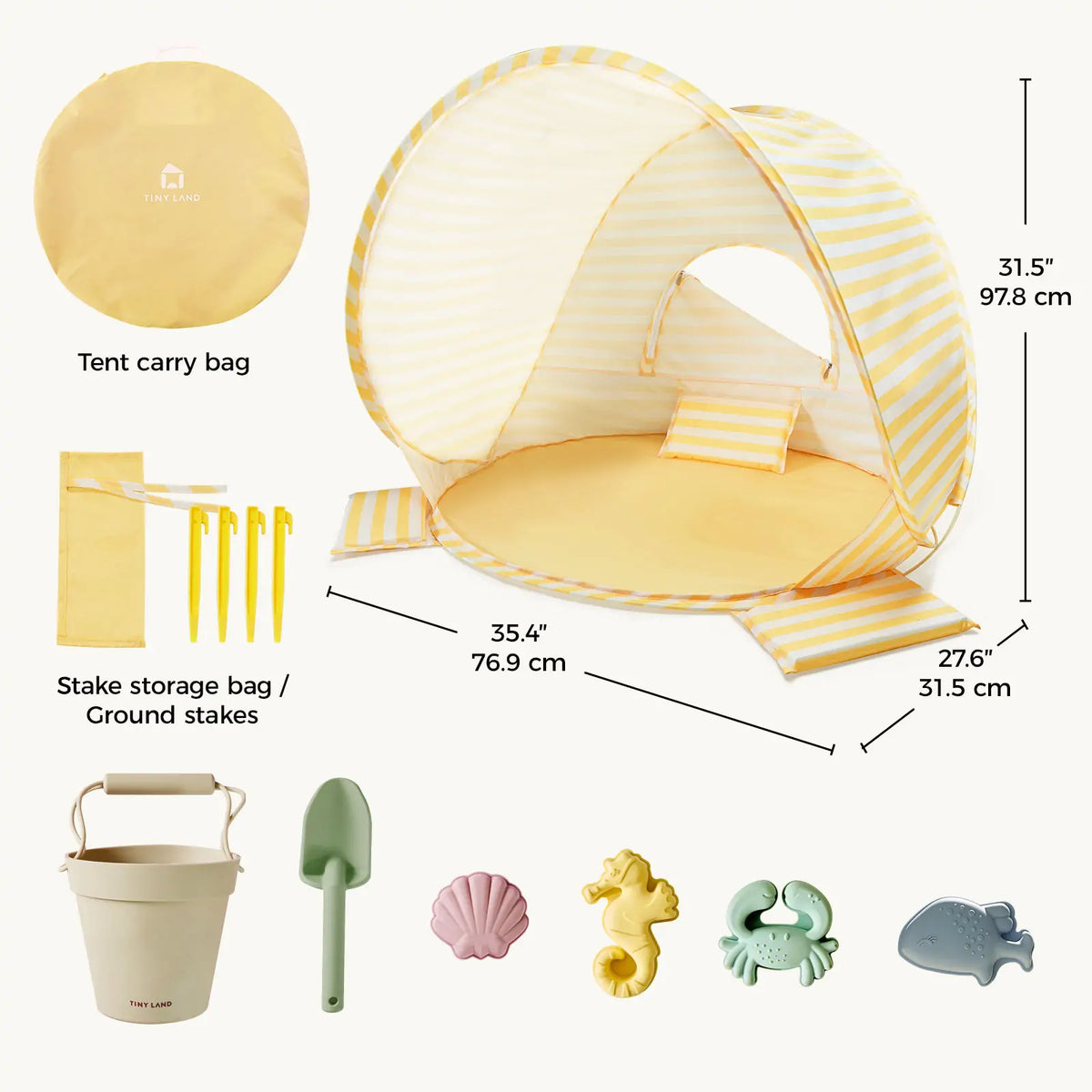 Tiny Land Kids Beach Tent Set with Sand Toys, UV Protection and Sandbag Anchors