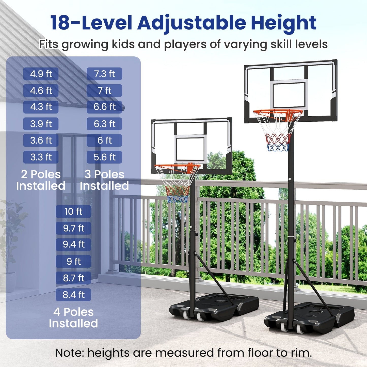 Portable Basketball Hoop | 3.3–10 ft | 18-Level Adjust | PC Backboard | Fillable Base | Wheels | Indoor & Outdoor