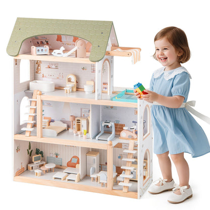 Wooden Dollhouse with 33-Piece Furniture Set and Movable Stairs – Green