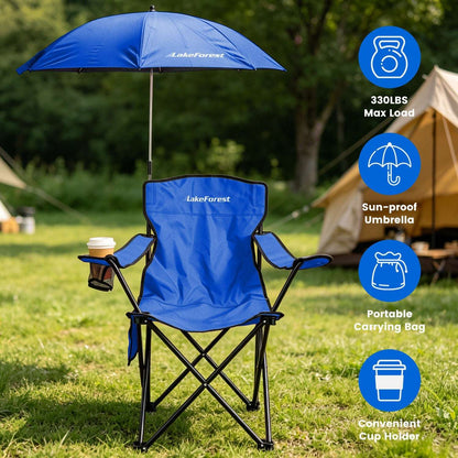 Blue foldable camping chair with sun umbrella and front storage pocket; carrying bag