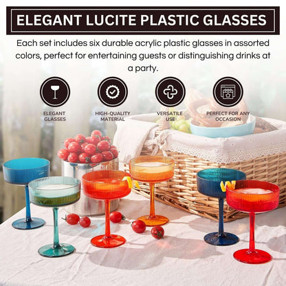 Set of 6 ribbed coupe acrylic glasses in assorted colors on a table, ready for drinks