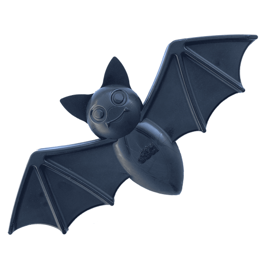 Dark blue vampire bat chew toy with round face and flared wings