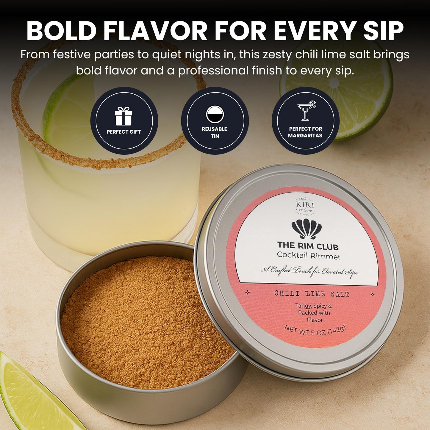 Kiri & Sons Chili Lime Margarita Salt Rimmer – Spicy Cocktail Rim Salt | 5oz Tin