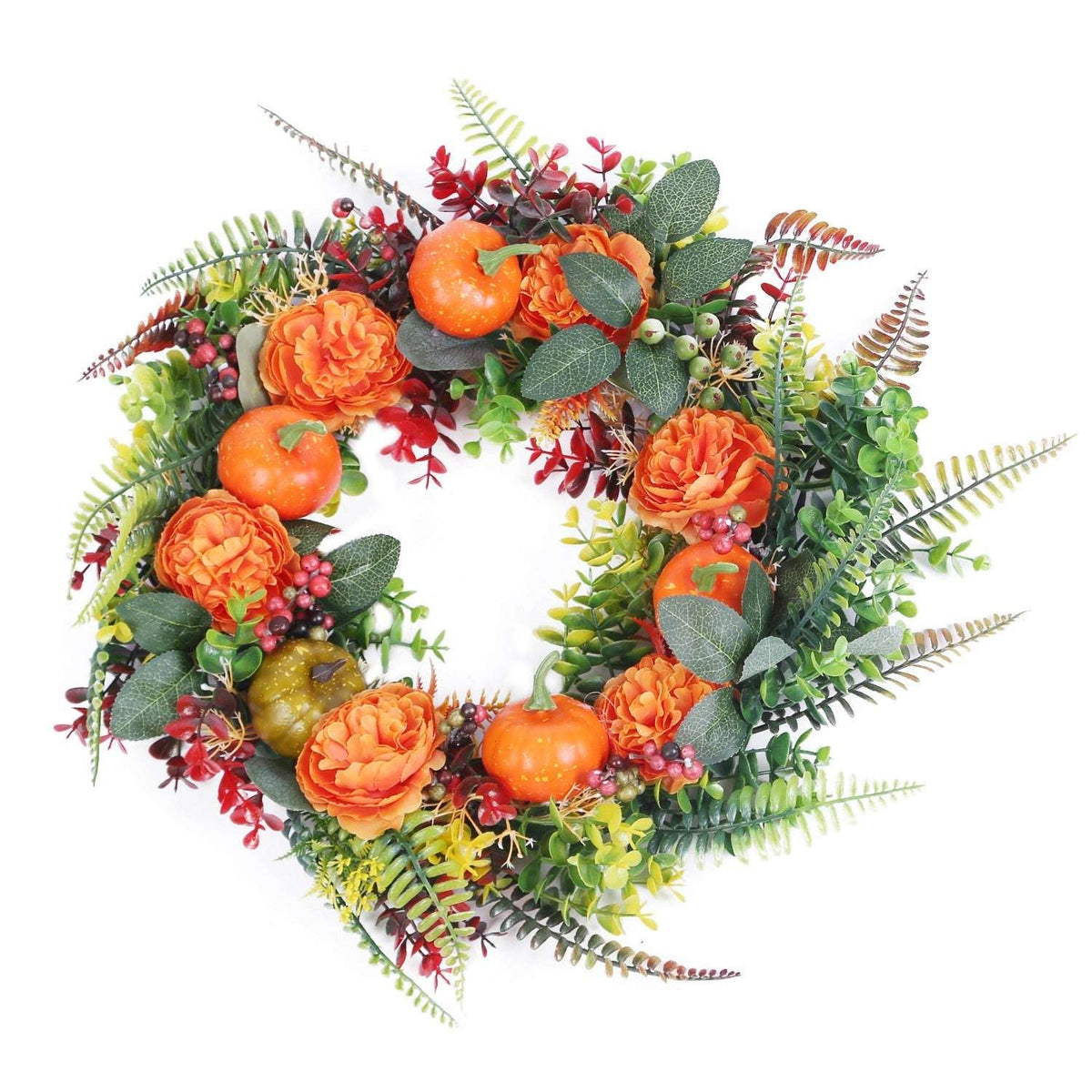 Autumn wreath with orange faux pumpkins, orange flowers, red berries, and green leaves