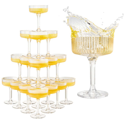 Stackable acrylic champagne tower kit with multiple clear coupe glasses and amber drink