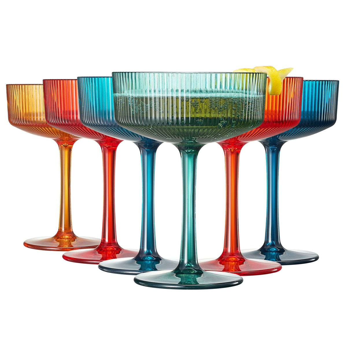 Set of 6 ribbed coupe acrylic glasses, assorted translucent orange, red, blue, and green colors