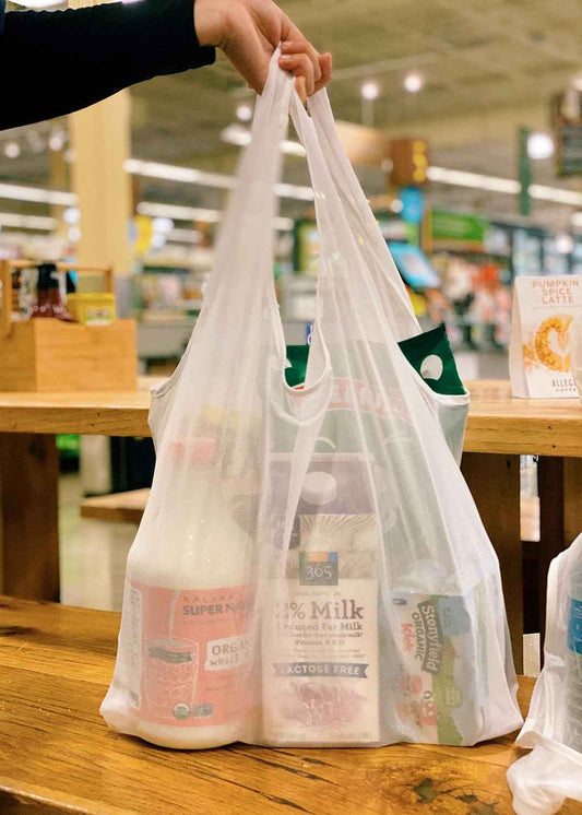 Reusable mesh grocery bag with long handles, translucent white, set of 9.