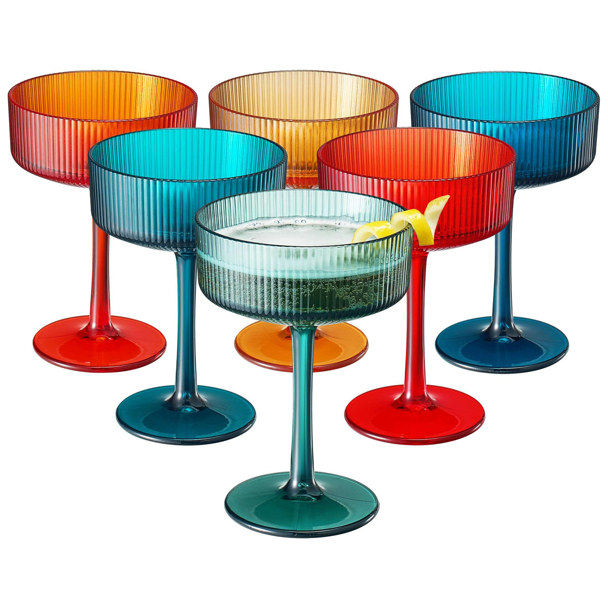 Top view of 6 ribbed coupe acrylic glasses in translucent red, teal, blue, and orange