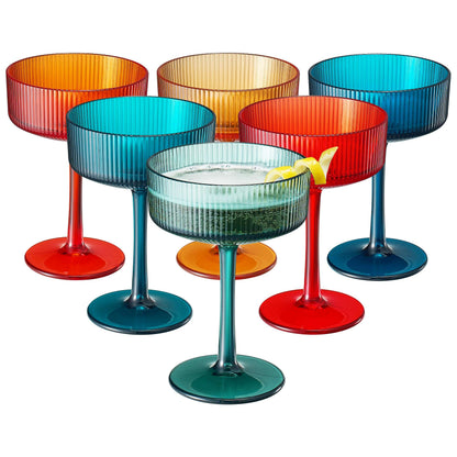 Top view of 6 ribbed coupe acrylic glasses in translucent red, teal, blue, and orange
