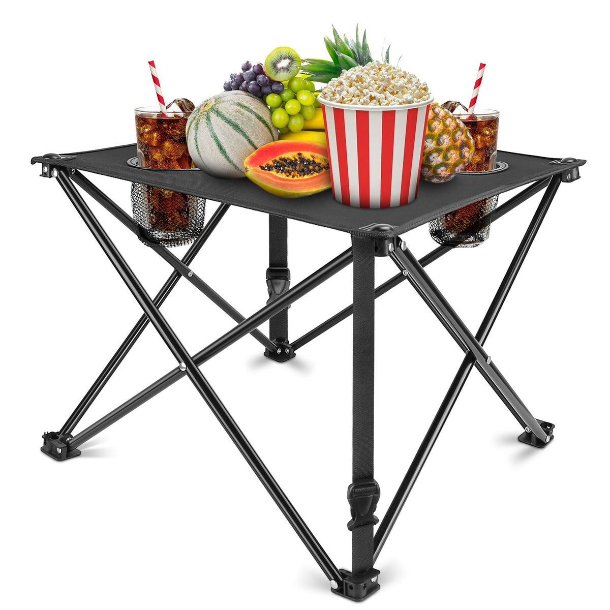 LakeForest Folding Camping Table with 2 Cup Holders – 600D Oxford, 44 lb Capacity | 18.5"x18.5" | 2.2 lbs | 1-Pc & 2-Pc Sets