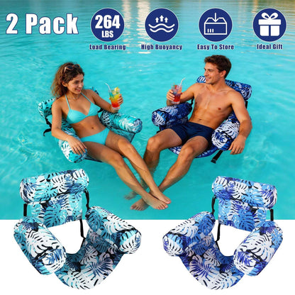 Two-pack inflatable pool hammock floats with leaf pattern, light and dark blue