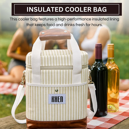 Khen 2-Bottle Wine Carrier Tote | Insulated Leakproof Cooler Bag | Canvas & Vegan Leather - Niksstuff