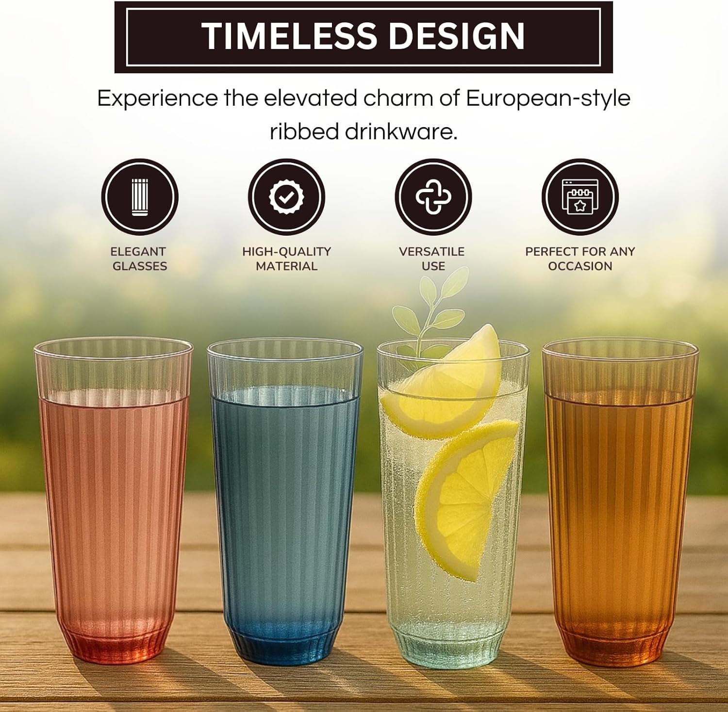 Khen Ribbed Drinking Glasses | Set of 4 | Shatterproof Tritan Acrylic | Indoor & Outdoor | Khen Site - Niksstuff