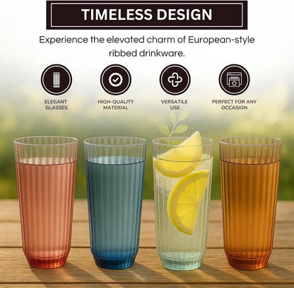 Khen Ribbed Drinking Glasses | Set of 4 | Shatterproof Tritan Acrylic | Indoor & Outdoor | Khen Site - Niksstuff