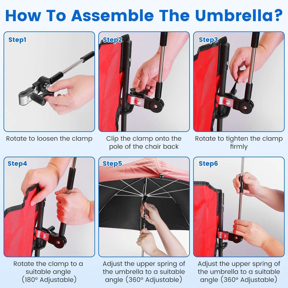 Umbrella attachment assembly for foldable camping chair, showing clamp and pole parts