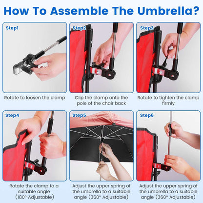 Umbrella attachment assembly for foldable camping chair, showing clamp and pole parts