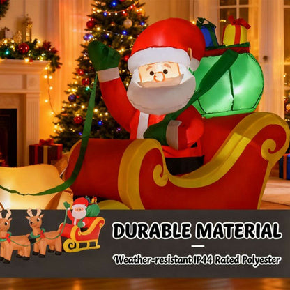 Inflatable Santa in a red and yellow sleigh with green gift sack