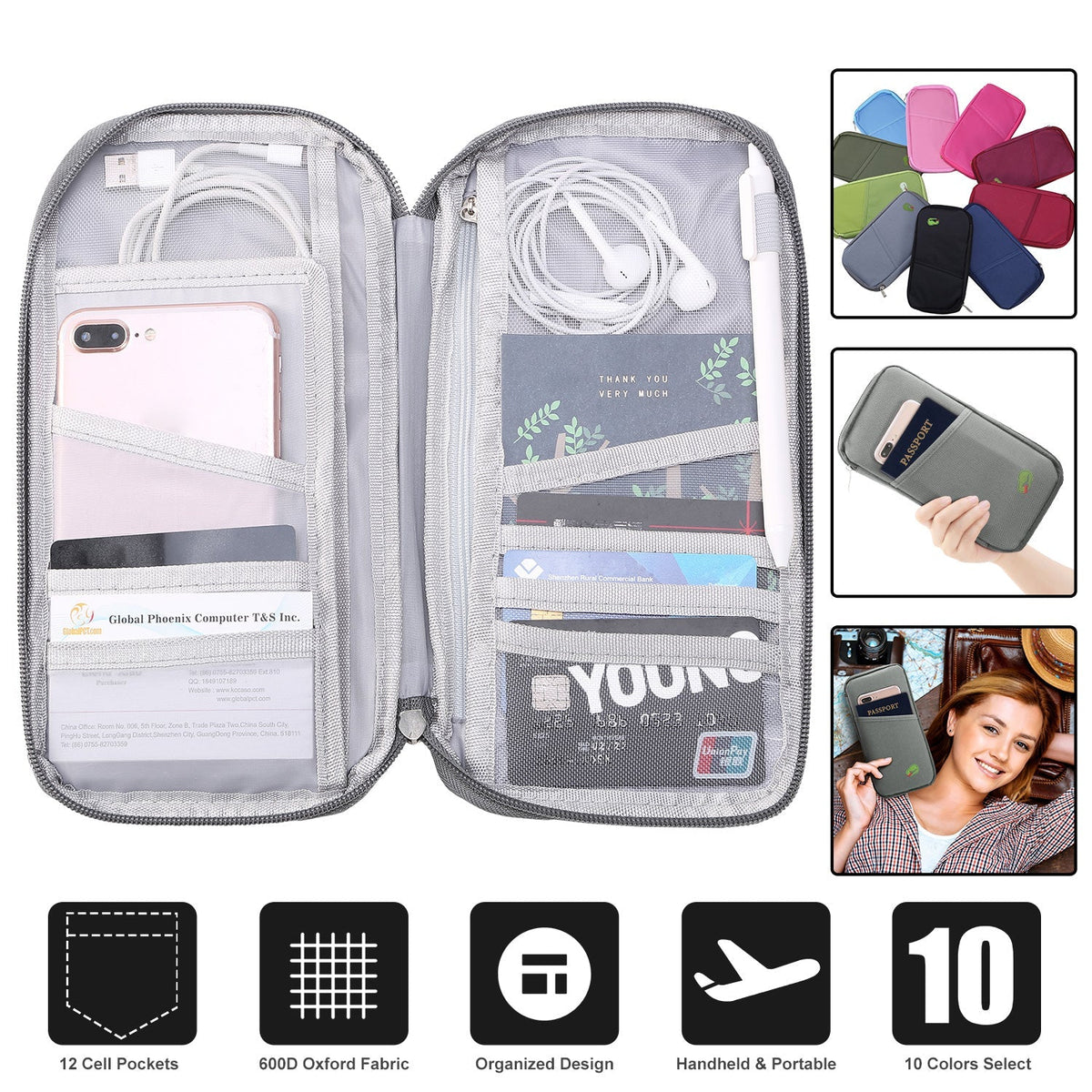 LJG Travel Passport Wallet – 12-Cell Organizer, Water-Repellent Zipper Case