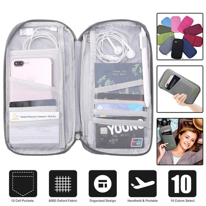 LJG Travel Passport Wallet – 12-Cell Organizer, Water-Repellent Zipper Case
