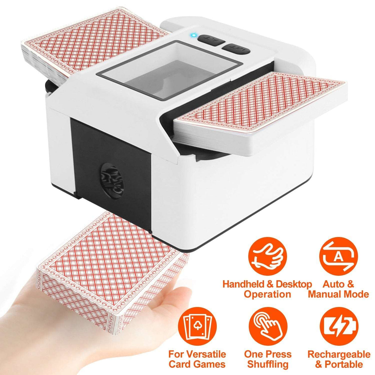 White 2-deck card shuffler with loaded card decks and LCD window on top