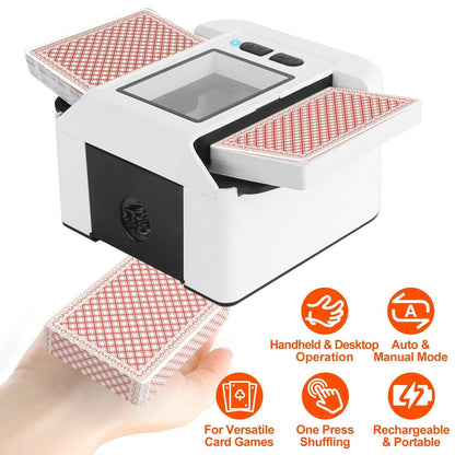 White 2-deck card shuffler with loaded card decks and LCD window on top
