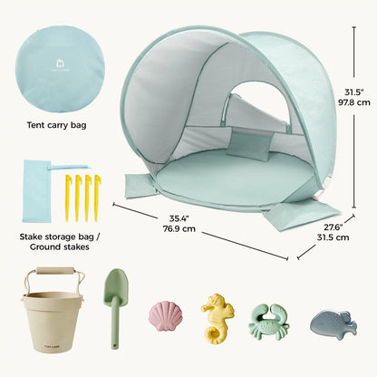 Tiny Land Kids Beach Tent Set with Sand Toys, UV Protection and Sandbag Anchors