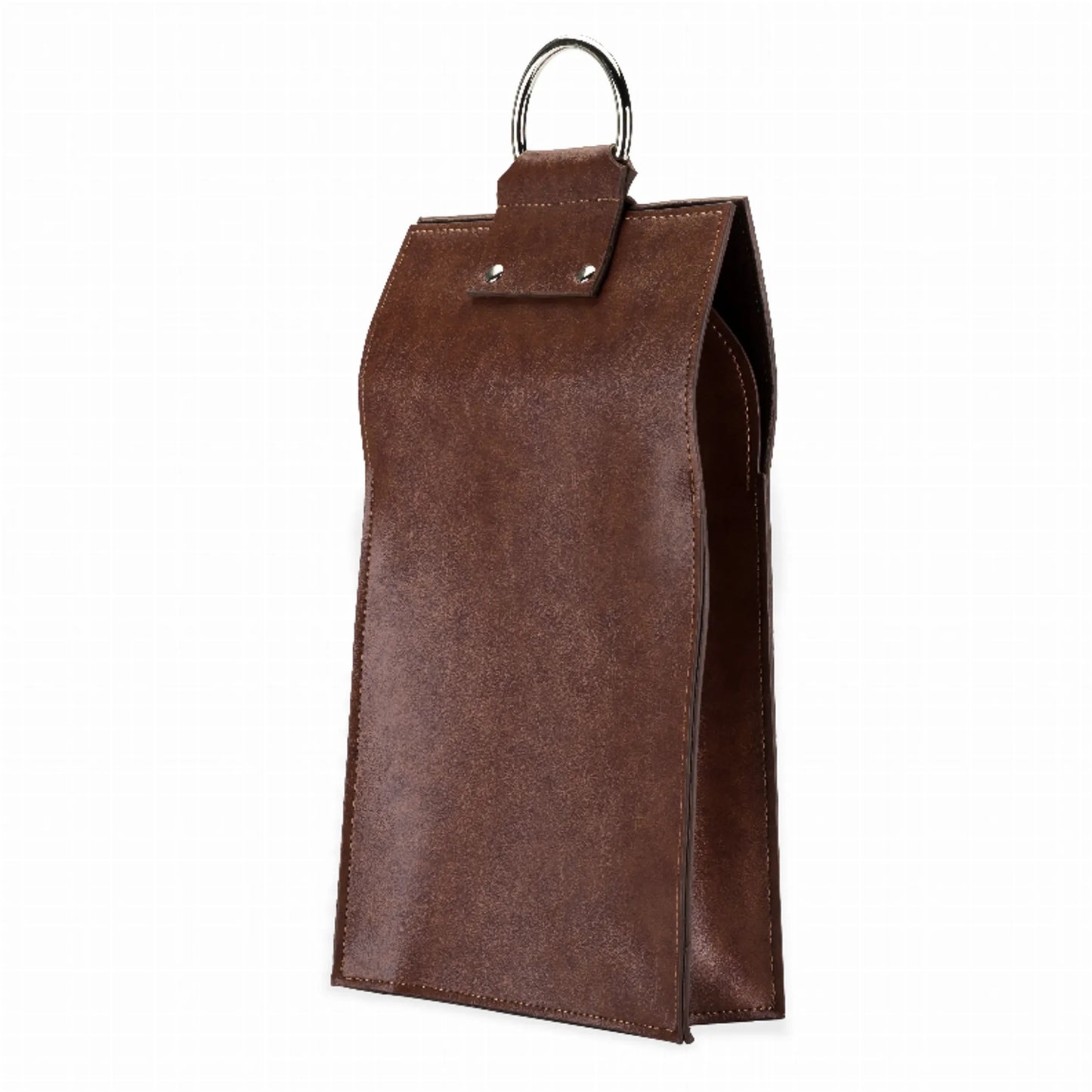Viski Faux Leather Double-Bottle Wine Tote | Stainless Steel Handle | Chestnut Brown