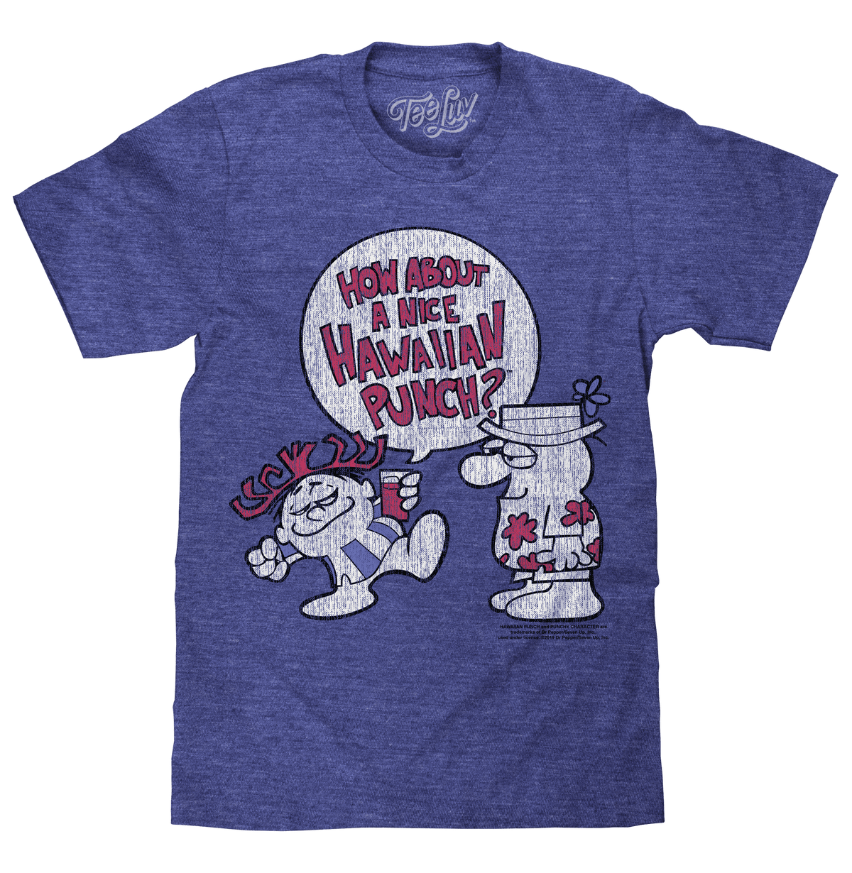 Blue heather T-shirt with large retro Hawaiian Punch graphic on front